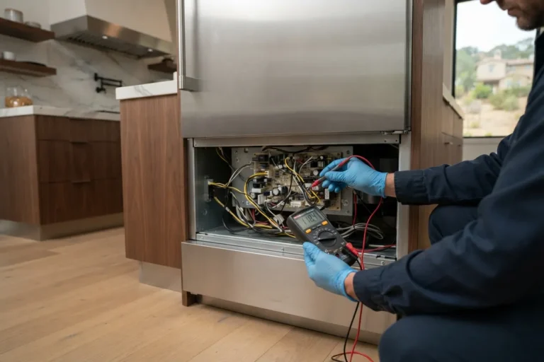 Technician testing the control board of a built-in refrigerator