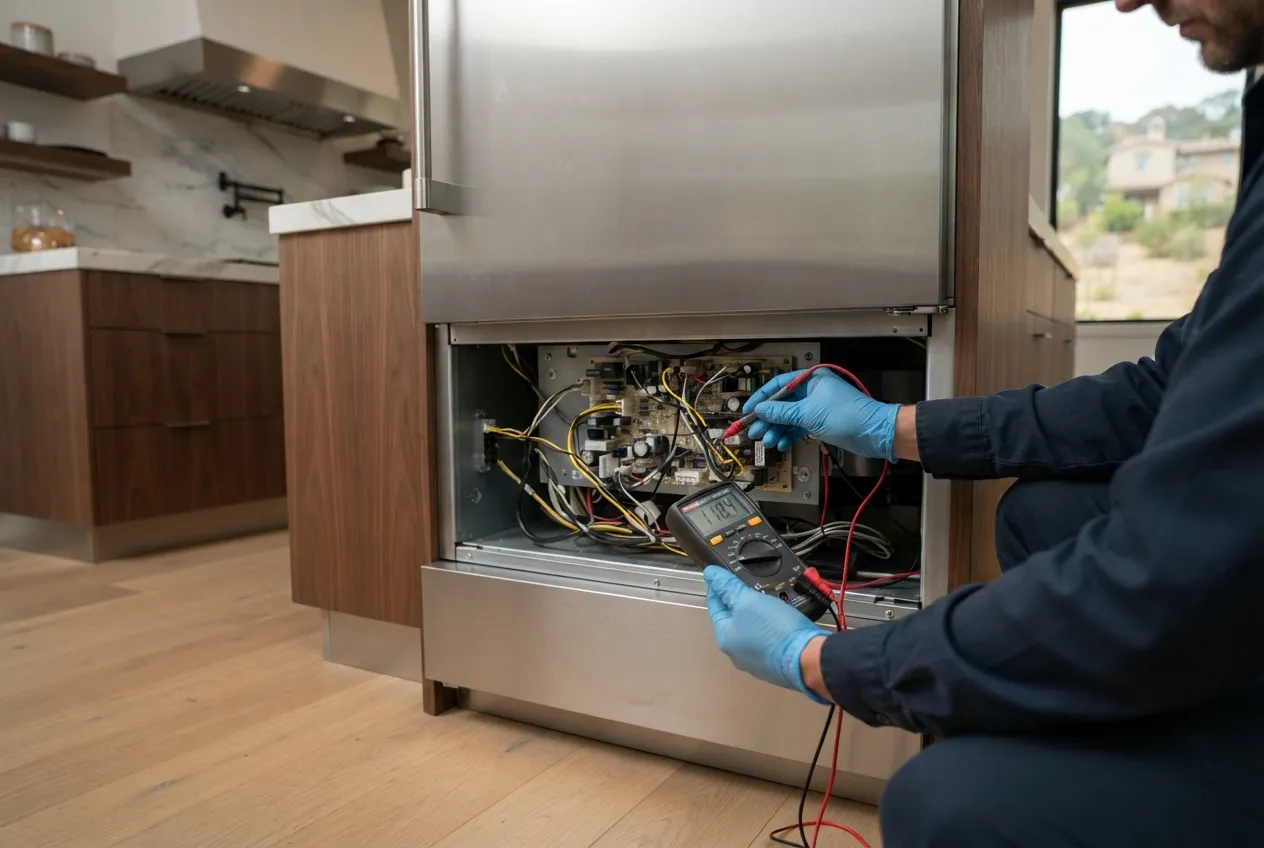 Technician testing the control board of a built-in refrigerator