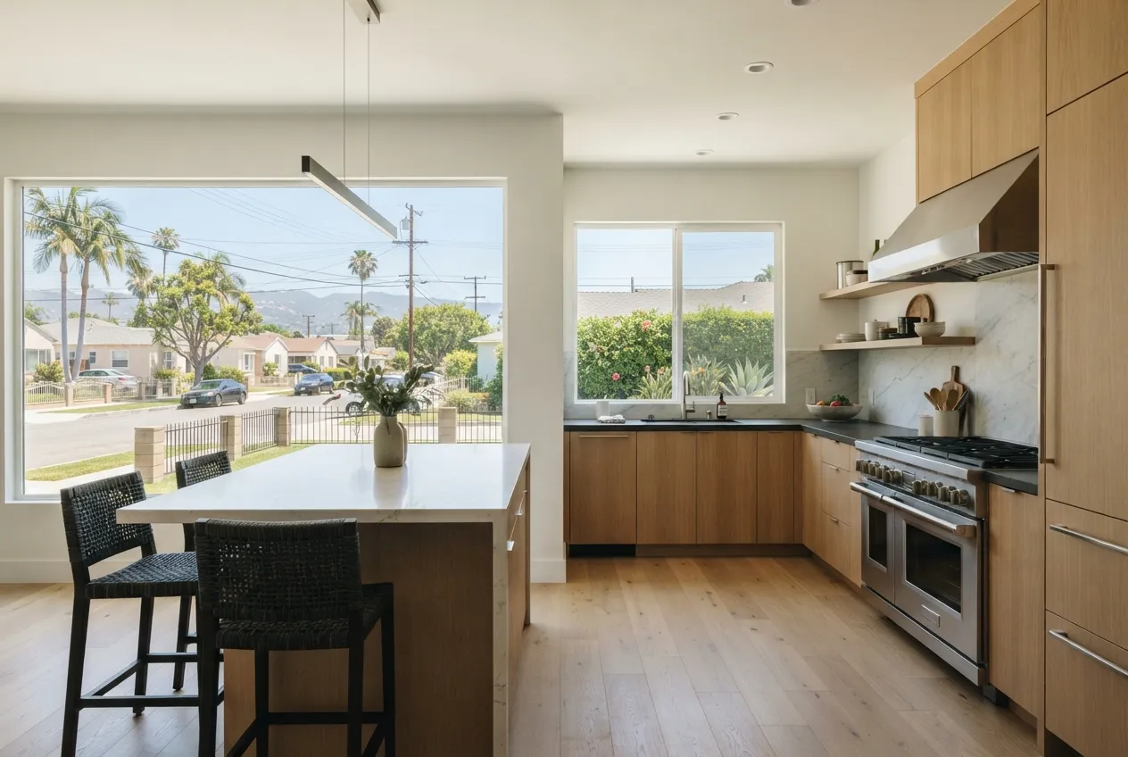 Modern kitchen with a built-in stainless refrigerator and a professional-style range